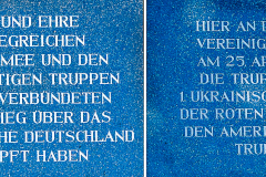 Inschriften am sowjetischen Denkmal, das an die Begegnung der US-Armee mit der Rotenarmee in Torgau auf der alten Elbbrücke und den Sieg der Alliierten über Hitlerdeutschland erinnert.